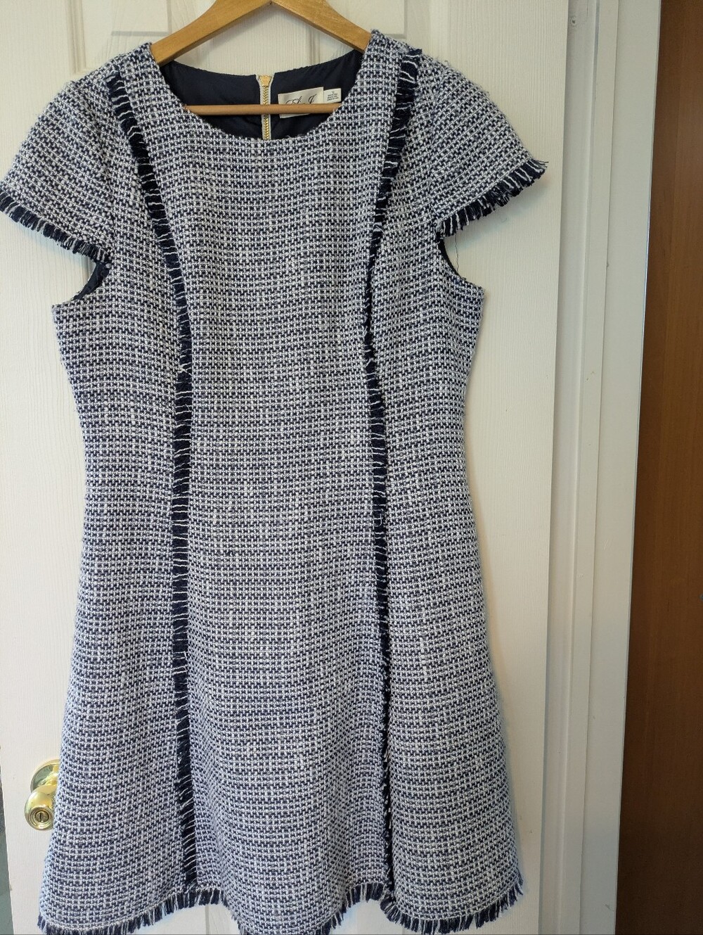 Eliza J Navy and White Tweed Fit & Flare Midi Dress